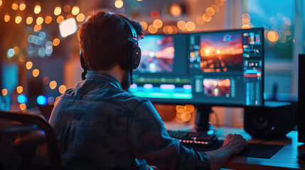 Person with headphones engaged in video editing on multiple monitors in a room with ambient lighting.