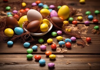 Fototapeta na wymiar Chocolate easter eggs on wooden background. High resolution