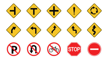 Set of Road Signs, arrow caution or danger sign, direction icon and information