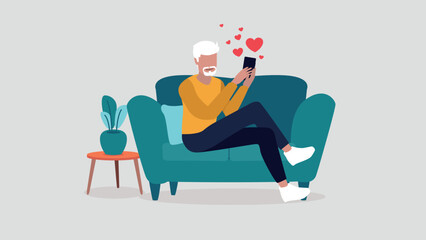 Vektor-Illustration eines Mannes der mit seinem Smartphone auf einer Online-Dating-Plattform flirtet - Dating-Konzept