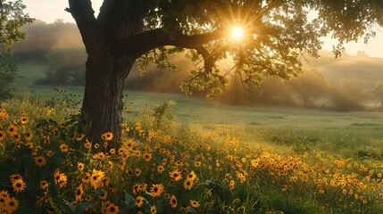 Baum im Frühling am Morgen mit einer gelben Blumenwiese. Gelbe Wildblumen bei Sonnenaufgang im...