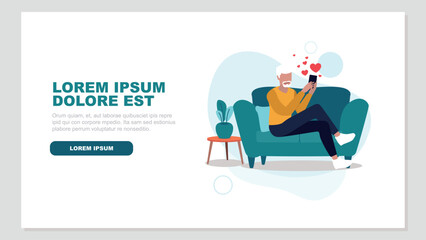 Vektor-Illustration eines Mannes der mit seinem Smartphone auf einer Online-Dating-Plattform flirtet - Dating-Konzept