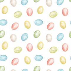 Seamless pattern with set vintage colorful easter eggs isolated on white background. Watercolor hand drawn illustration sketch