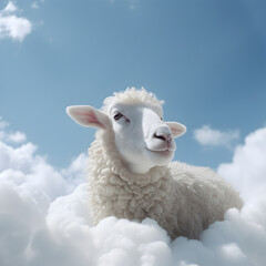 Sheep sleeping on a cloud in the blue sky 