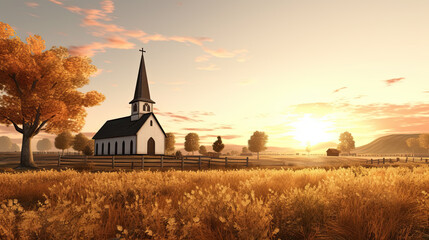 In serene fields, a quaint church cradled by tranquility; sunset's brush strokes adorn the countryside, weaving hues of serenity, whispers echoing timeless peace - obrazy, fototapety, plakaty