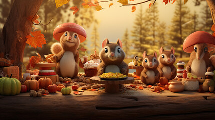 Woodland glade: Cute Squirrel share acorn gifts, Thanksgiving feast beneath autumn leaves' golden canopy - obrazy, fototapety, plakaty
