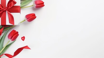 Red flowers tulips on white spring background with gift box, mock up.Generative AI