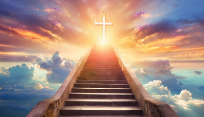 Religion conceptSunset or sunrise with clouds,stairs to heaven,bright light from heaven,stairway leading up to skies clouds.Light from sky.Blurred soft image.Beautiful religious background.