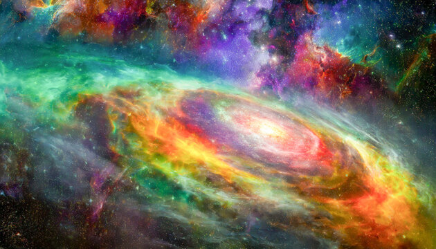 Nebula night star sky in rainbow colors. Multicolor outer space. Incredibly beautiful galaxy in outer space.