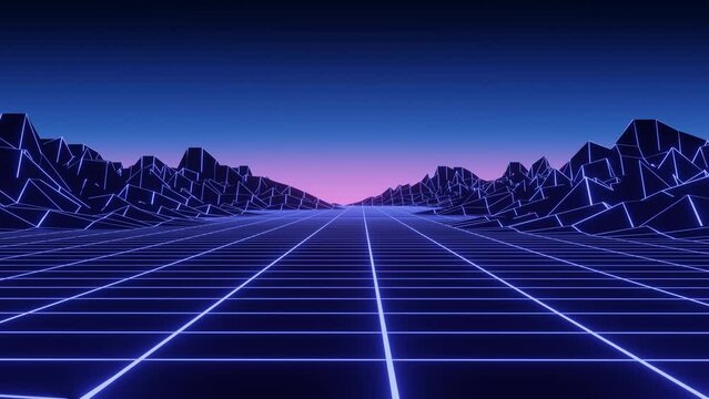 Abstract retro mountains on background of starry sky. 3D topographic map of terrain planet Earth. Grid landscape with lines and dots. Futuristic digital wireframe floor in style of 80s and 90s.