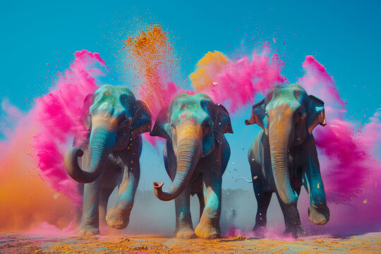 An elephant at India's Holi festival of colors. Festival of colors, colorful rainbow holi paint color powder explosion with clear blue sky panorama. Happy Holi colorful background.