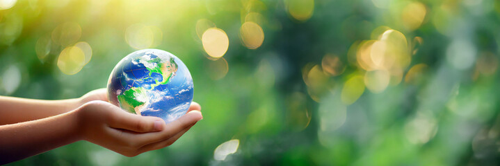International human solidarity day concept. Children hands holding earth globe over blurred abstract green nature background. saving planet, environment ecology concepts.Banner,advertisement. - obrazy, fototapety, plakaty