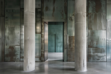 Fototapeta na wymiar minimalist room with tall concrete pillars and brushed metal walls. background image. created with generative ai technology