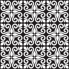 Floral seamless pattern with baroque style ornament. Modern stylish texture. Black and white. Repeating vector background.