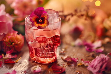 Skull Glass Cocktail Amidst Floral Ambiance, Whimsical Mixology