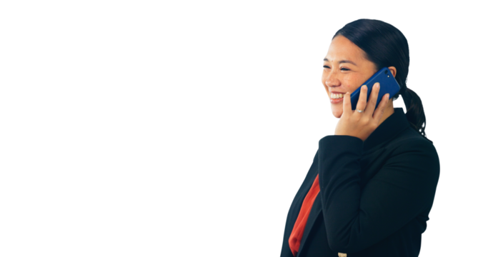 Corporate woman, phone call and happy in conversation, networking with clients on isolated, transparent png background. Business chat, cellphone and satisfied with feedback, growth and progress.