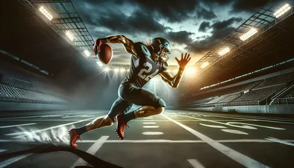Fotobehang A dramatic scene of an American football player in a dynamic and active pose, running fast and throwing the ball forward while training © bteeranan