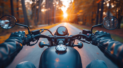 Biker's perspective of riding a motorcycle down a forest road at sunset.