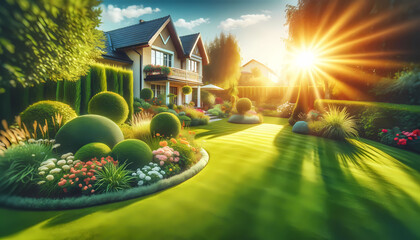 An image of a perfect manicured lawn and flowerbed with shrubs, bathed in sunshine, set against the backdrop of a residential house's backyard