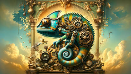 An image of a steampunk chameleon set against a backdrop of rococo elegance, where mechanical gears and ornate luxury blend seamlessly. 