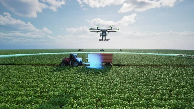 Autonomous agriculture drone flying to analyze the agricultural plot, Agriculture innovation with smart farming concept
