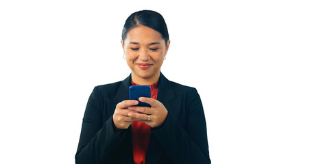 Asian lawyer woman, smartphone and smile by isolated, transparent and png background to read or...