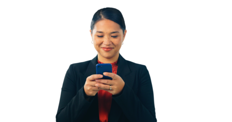 Asian lawyer woman, smartphone and smile by isolated, transparent and png background to read or text client. Japanese advocate, attorney and corporate legal expert with phone, typing and networking