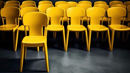 Empty rows of yellow plastic chairs