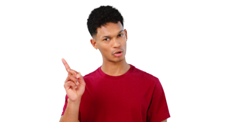 Man, pointing at direction or presentation for advertising with speech, communication and information on platform. Hand gesture, speaker in portrait with announcement for feedback or about us