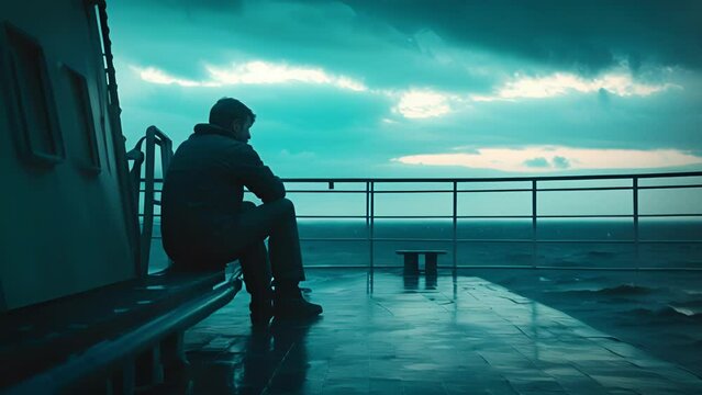 One sailor sitting alone on the deck lost in thought as they contemplate the physical and mental challenges they have faced on their journey.