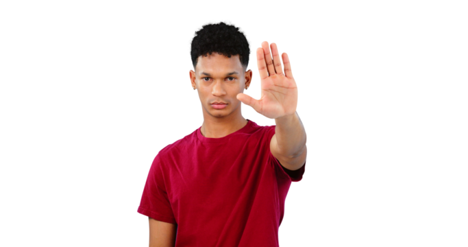 Portrait, man and hand for stop in warning, order and threat or isolated on transparent png background. Male person, palm and forbidden or rejection, danger and protest for protection or safety