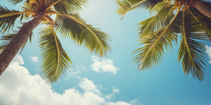 Vintage Tropical Beach Blue Sky and Palm Trees View