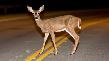 Nighttime road hazard  deer standing on road near forestwildlife and transportation risk.