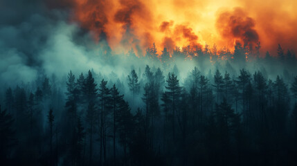 Wild forest fire. Burned trees after forest fires, lots of smoke. Natural disasters concept....