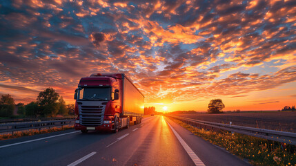 Semi-truck driving on a highway at sunrise with a dramatic sky above.