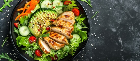 Delicious chicken salad with fresh vegetables, sesame seeds, and flavorful dressing on a white plate