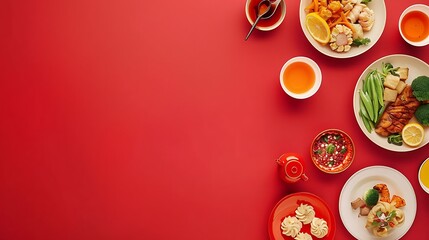chinese new year festival table over red background. Traditional lunar new year food. Flat lay, top view