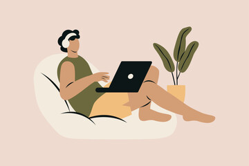 Introverted Man Playing Game Vector Illustration