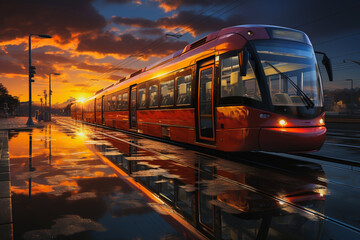 Modern tram and sunset, generative ai