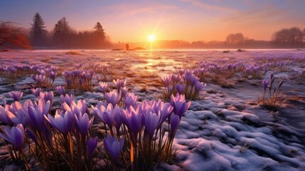 landscape view of sunset in a Crocus field