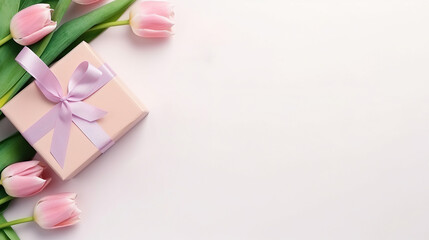 Pink flowers tulips on white spring background with gift box, mock up.Generative AI - obrazy, fototapety, plakaty