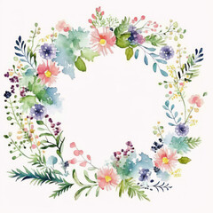Obraz na płótnie Canvas Wreath made with wildflowers painted on white watercolor paper. Floral frame. Generative Ai.