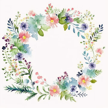 Wreath made with wildflowers painted on white watercolor paper. Floral frame. Generative Ai. © lolya1988