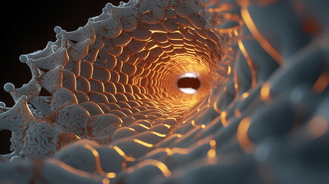 Biological macrophotography: Inside body, tunnel of nano textures and arrays in close up with little spheres and  black background, realistic and detailed