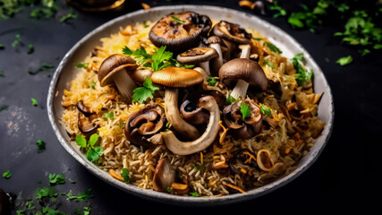 Fototapeta premium plate of rice with mushrooms and parsley