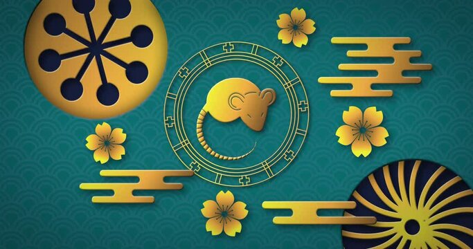 Animation of rat symbol in circle with chinese pattern on blue background