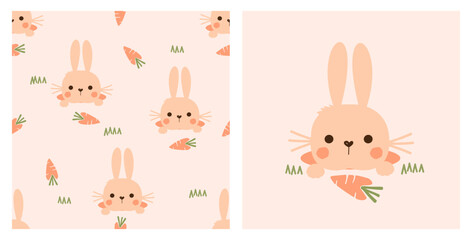 Seamless pattern with bunny cartoons, carrot and green grass on orange background. Rabbit cartoon and carrot icon set vector.