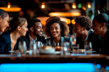 Group of happy African American friends sharing a joyful moment during a meal in a restaurant.