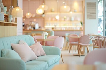 Elegant café interior, modern furniture, pastel tones with a dreamy blur effect, inviting and...