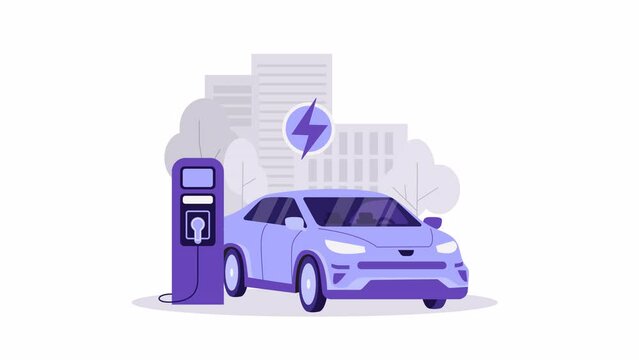 Electric car and charging station animation. Green energy consumption, electrocar, alternative power. New environment friendly technology cars, ecology, sustainability. Cartoon style footage